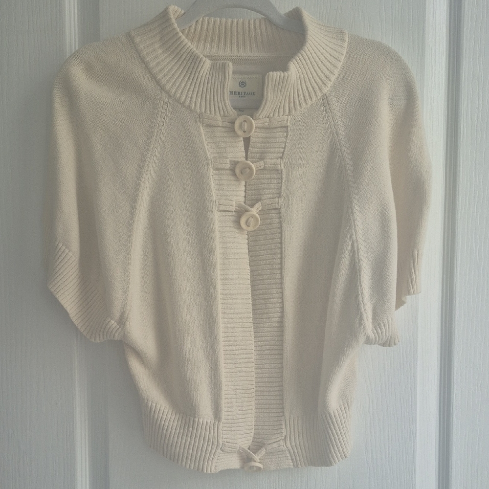 Halston Heritage Cream Cardigan with Ribbed Knit and Toggle Closures, No Flaws